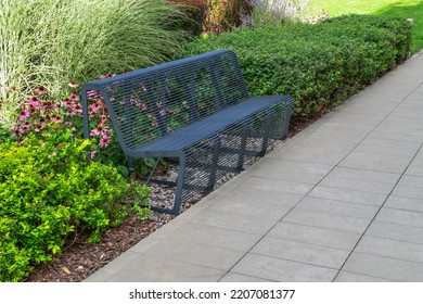 Modern Metal Bench In Park. Outdoor Benches, City Architecture, Outdoor Chair, Urban Public Furniture, Empty Plank Seat, Comfortable Bench In Recreation Area