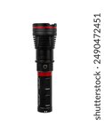 Modern metal LED flashlight in black color. Portable flashlight isolate on a white background.