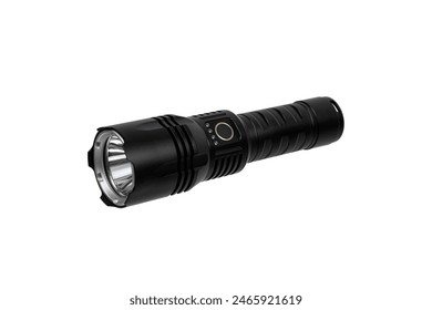 Modern metal LED flashlight in black color. Portable flashlight isolate on a white background.