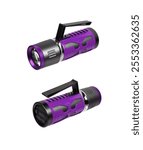 Modern metal LED flashlight in violet color. Portable flashlight isolate on a white background.