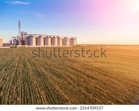 Modern metal silos on agro-processing and manufacturing plant. Aerial view of Granary elevator processing drying cleaning and storage of agricultural products, flour, cereals and grain. Nobody.