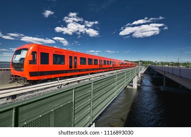 Modern Metro Train On The Bridge, Helsinki, Finland