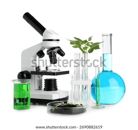 Modern microscope with flasks of samples, sprouts and soil isolated on white background