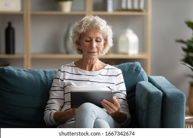 Modern Middle-aged 50s Grandmother Sit Relax On Couch In Living Room Using Tablet, Contemporary Elderly Mature Woman Rest On Sofa At Home Browse Internet On Pad, Old People Technology Concept