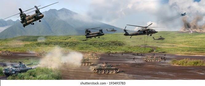 Modern Military Battle Scene With Tanks, Helicopters And Infantry