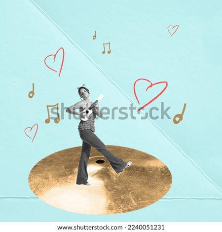 Modern minimal design. Lovely, cute girl playing guitar ver mint background. Nice melody. Conceptual contemporary art collage. Retro styled, surrealism. Concept of music, inspiration, creativity.