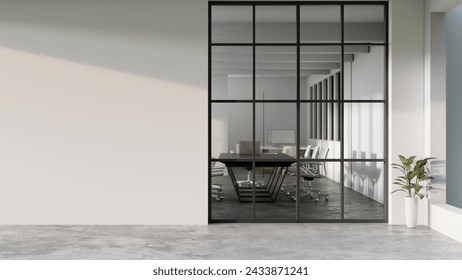 Modern minimal white office corridor or hallway interior design with a large window though the meeting room, indoor plants and empty space over the white wall. 3d rendering, 3d illustration - Powered by Shutterstock