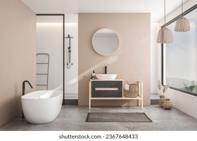 Moderno baño minimalista interior, moderno armario de baño, lavabo blanco, lavabo de madera, plantas interiores, accesorios de baño, bañera y ducha, paredes blancas y beige, suelo de hormigón.