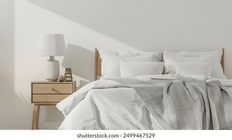 Modern Minimalist Bedroom Design Featuring White Bedding Light Wood Bed Frame and Ceramic Nightstand with a Gray Knitted Throw Blanket Draped Over the Edge - Powered by Shutterstock