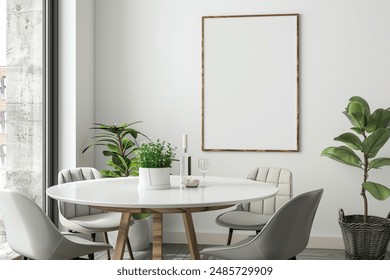 modern minimalist cafe room with an empty photo frame hanging on the wall for a poster mock up