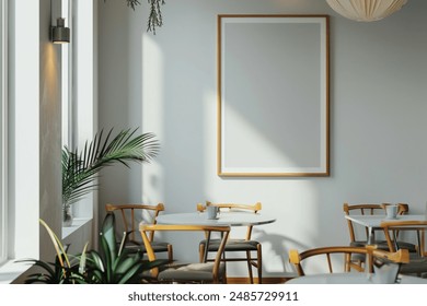 modern minimalist cafe room with an empty photo frame hanging on the wall for a poster mock up