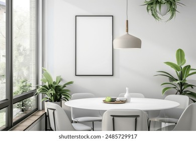 modern minimalist cafe room with an empty photo frame hanging on the wall for a poster mock up