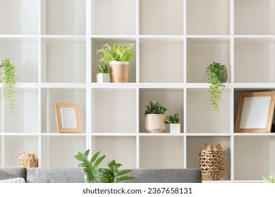 Modern Minimalist Living Room Interior Design Featuring a White Square-Spaced Bookshelf, Grey Sofa, and Plants, Neatly Organized for a Homey Ambience, Illuminated by Natural Light. - Shutterstock ID 2367658131