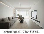 Modern Minimalist Living Room with Neutral Decor and Natural Light.