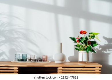 Modern Minimalist Scandinavian Style Interior. Candles, Ceramic Vase And House Plant Red Anthurium In A Pot On A Wooden Console Under Sunlight And Shadows On A White Gray Wall. Living Room Design