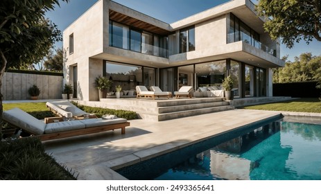 Modern, minimalist two-story house with a flat roof and large glass windows, featuring a sleek, angular design. The exterior is clad in light-colored stone, complemented by dark-framed windows. The ho - Powered by Shutterstock