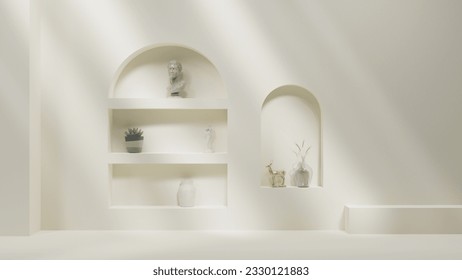 modern minimalistic cozy white home interior background, white wall with shelves and design, wall and floor. sunlight beams from window and shadows. white background with spotlights. - Shutterstock ID 2330121883
