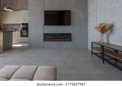 Modern Minimalistic Dark Gray Loft Style Studio Apartment Interior Design. Kitchen, Sitting Area, Workplace, Shower And Bath. Bright Sun Rays Inside.