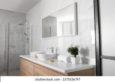 Modern Mirror And Vessel Sink In Stylish Bathroom