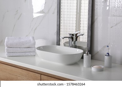 Modern Mirror And Vessel Sink In Stylish Bathroom