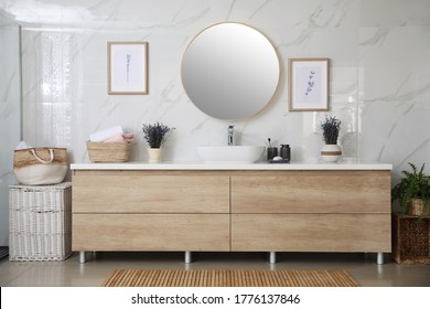 Modern Mirror And Vessel Sink In Stylish Bathroom. Interior Design