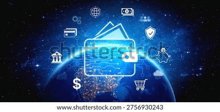 Modern mobile banking concept featuring secure digital wallet interface, contactless NFC payment, and money transfer. Represents safe user financial buy transactions in a cashless society. Corpus