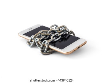 Modern Mobile Phone With Chain Locked Isolate On White Background With Clipping Path. Concept Of Social Network Issues, Forgot Password, Information Security, Phubbing, Addiction