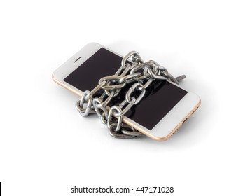 Modern Mobile Phone With Chain Locked Isolate On White Background With Clipping Path. Concept Of Social Network Issues, Forgot Password, Information Security, Robbery Or Piracy