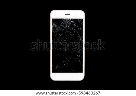 Modern mobile smart phone with broken cracked screen isolated on black background, close up.