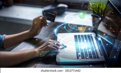 Modern Money Transaction Transfer Technology Payment Successful Using Laptop Computer Smart Pay Credit Card Billing Info, Online Shopping Ecommerce Store Ordering Products, Futuristic Graphics Icons