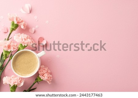 Modern Mother's Day concept. Top view perspective of silky flat white, perky carnations, wee hearts, and confetti on a flamingo pink base, space allocated for text or commercials