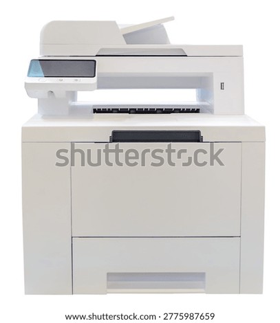 Modern multifunction office printer isolated on white background. Device used for printing, scanning and copying documents. Concept of office equipment, business workflow, document management and productivity.