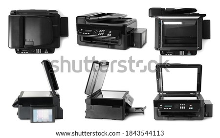 Modern multifunction printer on white background, views from different sides 