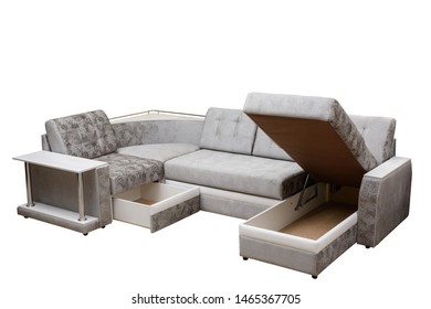 Modern Multifunctional Classic Grey Sofa With Stand And Cushions, Isolated White Background. Furniture, Interior, Stylish Sofa