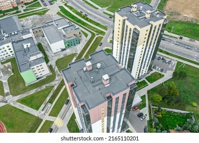 Modern Multistory Apartment Buildings. New Urban Residential Area. Aerial Overhead View.