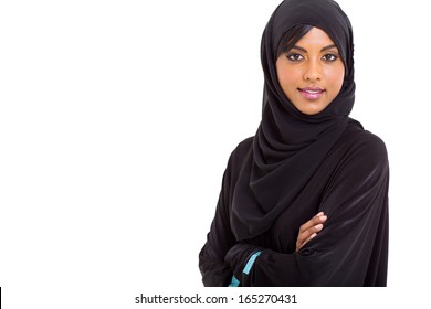 modern Muslim woman looking at the camera over white background