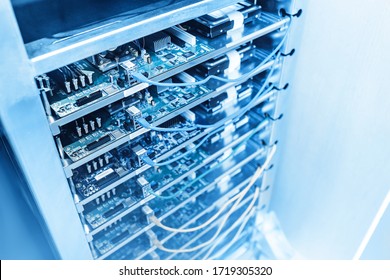 Modern network data server mainframe close-up. Internet technology and information security concept