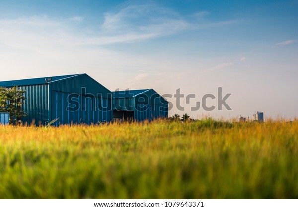 Modern new\
company warehouse building, farm buildings by the field, outdoors\
theme concept vintage\
relaxing.