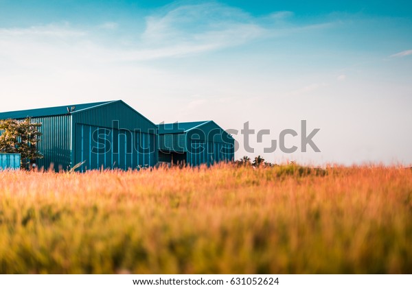 Modern new\
company warehouse building, farm buildings by the field, outdoors\
theme concept vintage\
relaxing.