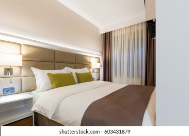 Modern New Double Bed Hotel Room Interior