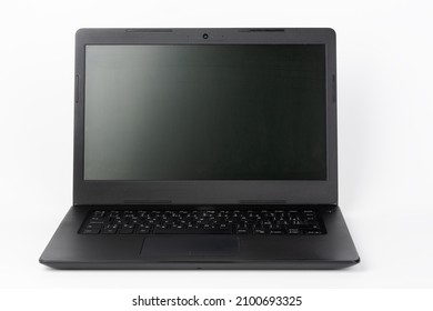 Modern, new office  black  laptop  on white background, front view - Shutterstock ID 2100693325