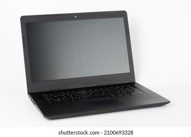 Modern, new office  black  laptop  on white background, front view - Shutterstock ID 2100693328