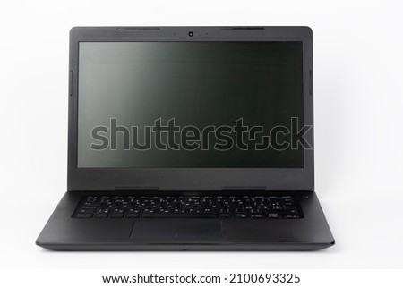 Modern, new office  black  laptop  on white background, front view
