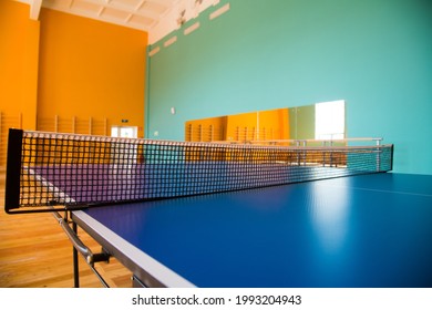 Modern New School Building. Empty School Gymnasium With Yellow Floor And Climbing Near Walls