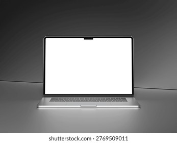 Modern notebook computer mockup with white screen and silver metallic finish on gray.
