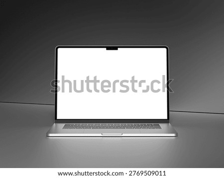 Modern notebook computer mockup with white screen and silver metallic finish on gray.