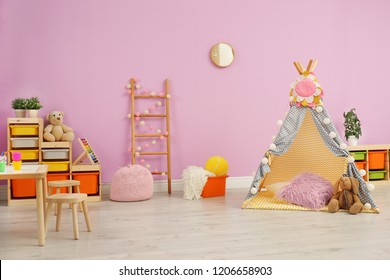 Modern Nursery Room Interior With Play Tent For Kids