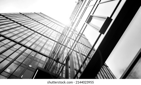 Modern office building with glass facade on a clear sky background. Abstract close up of the glass-clad facade of a modern building covered in reflective plate glass. Black and white.