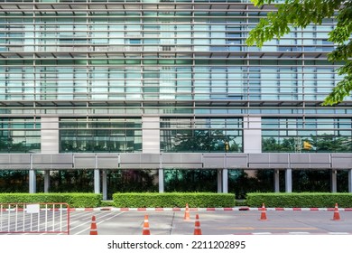 The Modern Office Building With Street. The Exterior Design Of New Structure In Urban Area.