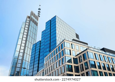 Modern office building in Warsaw, Poland. Skyscrapers facade in city. Business center exterior